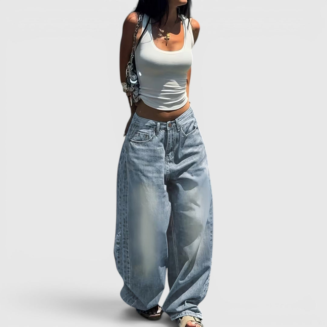 Trendy oversized baggy straight leg women's jeans, high-rise for comfortable fashion.