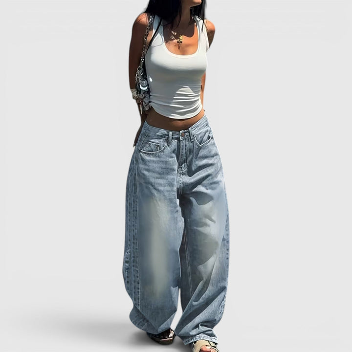 Trendy oversized baggy straight leg women's jeans, high-rise for comfortable fashion.
