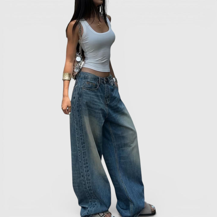 Vintage style high-rise denim pants, women's oversized baggy fit with a straight leg.
