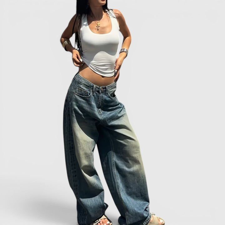 Vintage-inspired oversized baggy women's jeans, comfortable straight leg denim style.