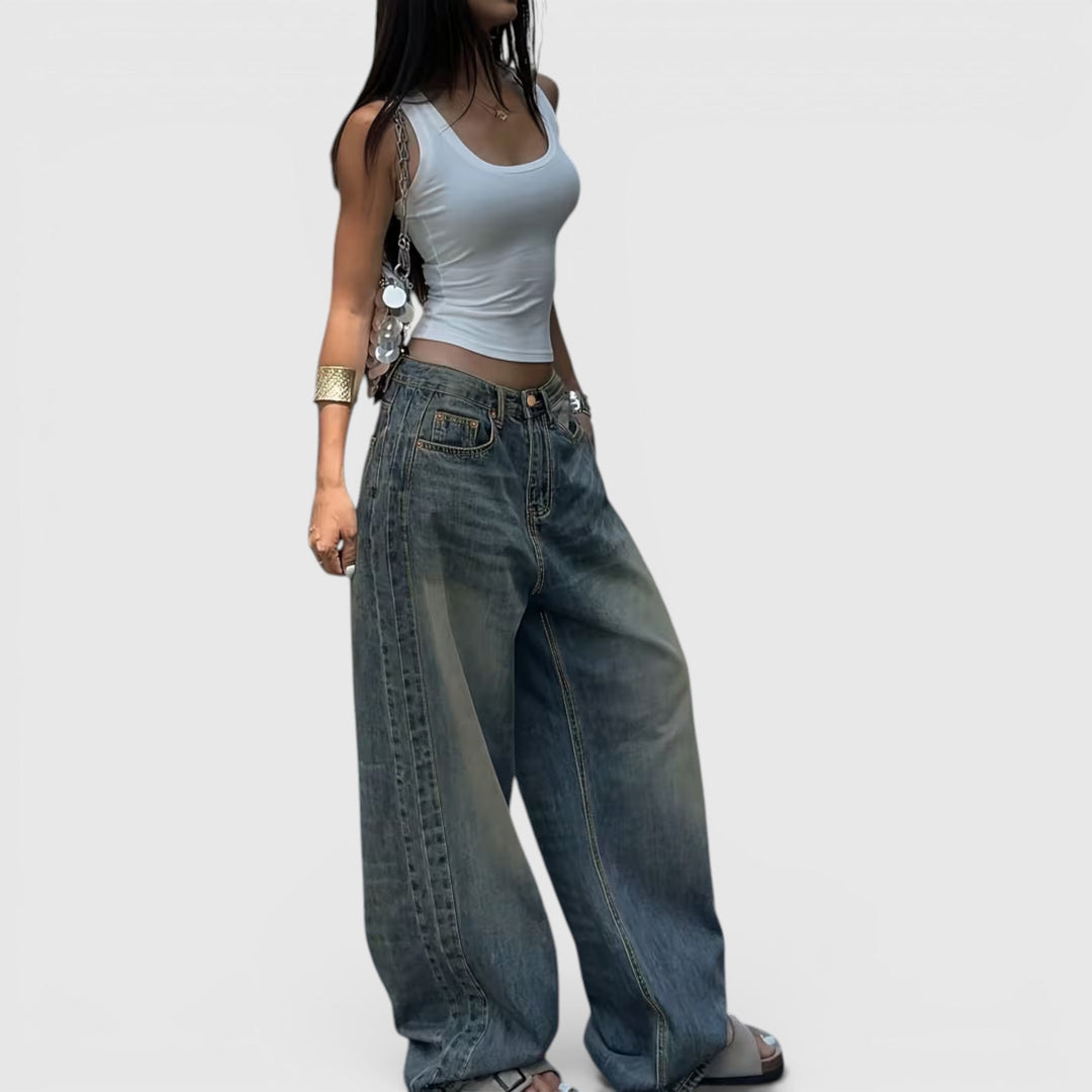 High-rise straight leg jeans for women, relaxed fit denim comfort, perfect casual wear.