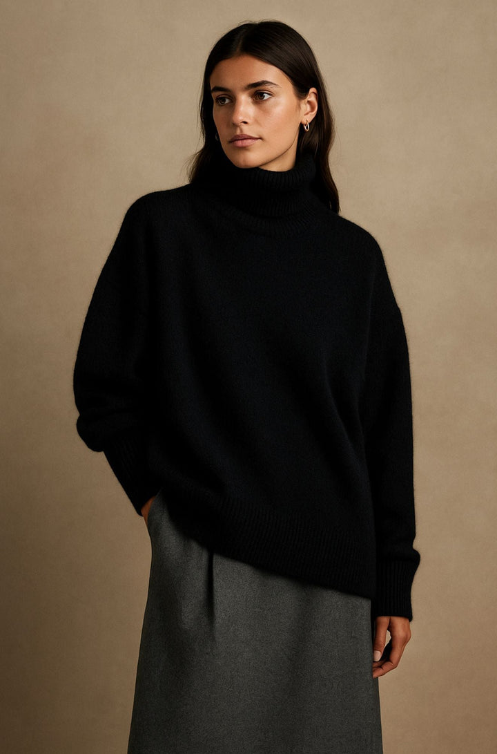 Women's high turtleneck jumper, relaxed fit sweater. Cozy long-sleeve pullover for comfortable winter fashion.