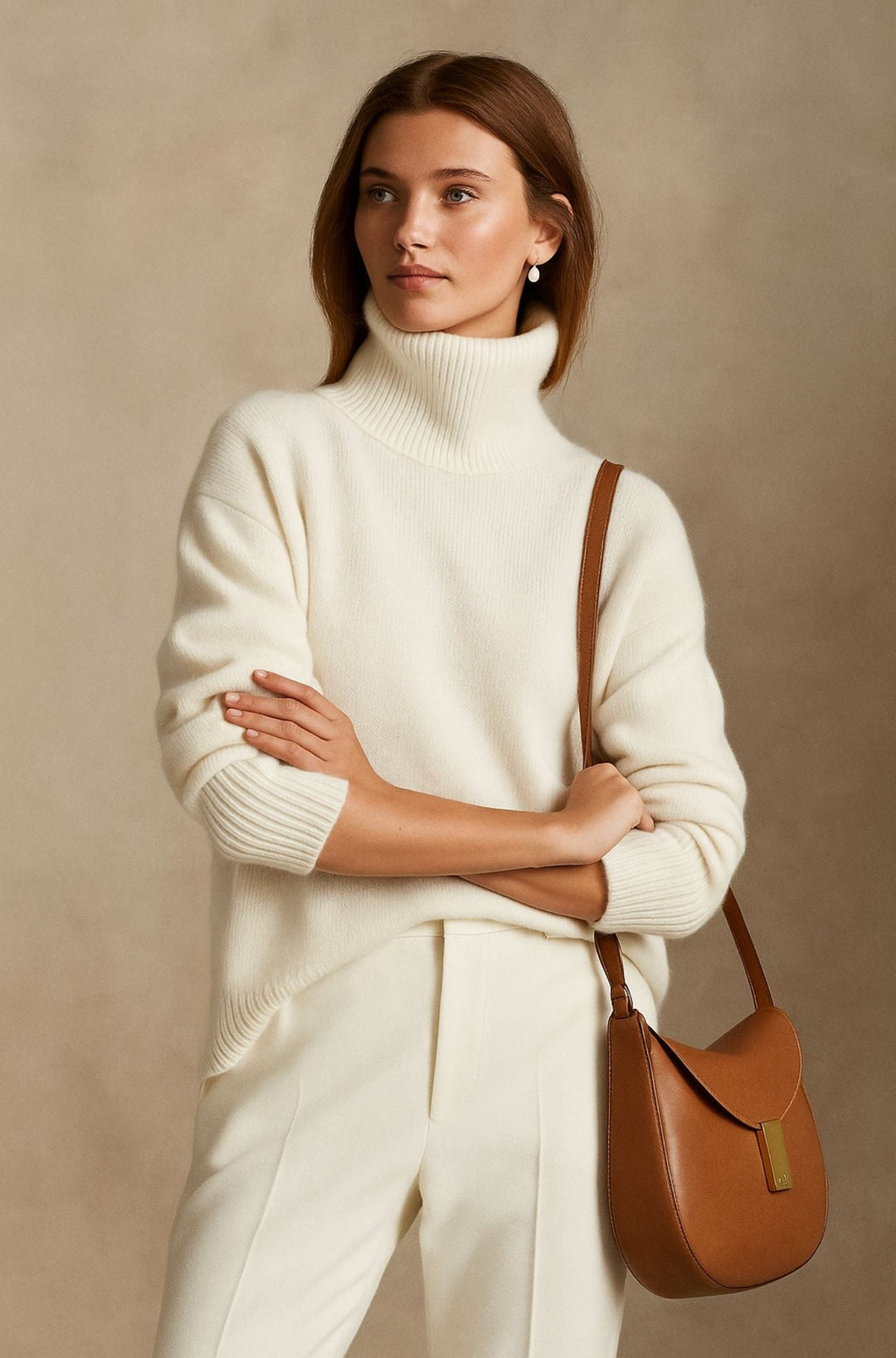Warm women's high turtleneck sweater, a relaxed fit long-sleeve pullover. Essential cozy winter fashion jumper.