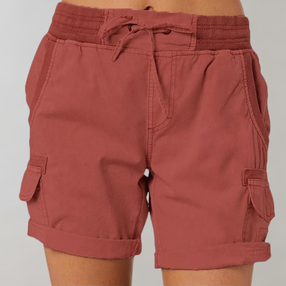 Comfortable women's cargo shorts featuring a high waist and soft ribbed waistband, ideal for casual summer outings.