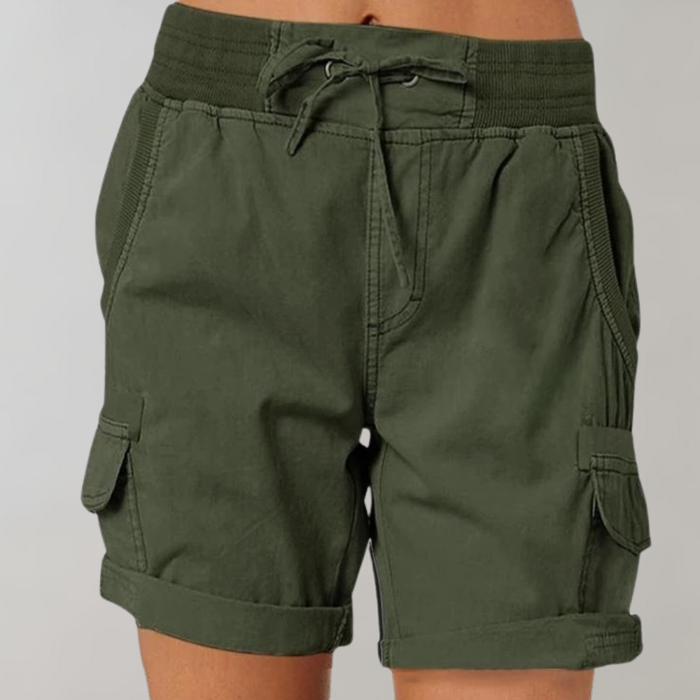 Practical women's utility cargo shorts with a high-rise fit and elastic ribbed waistband for all-day comfort.