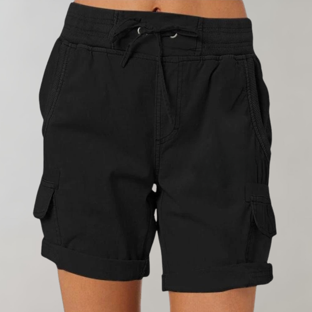 Women's casual high waist cargo shorts, highlighting the comfortable, stylish ribbed waistband and functional design.