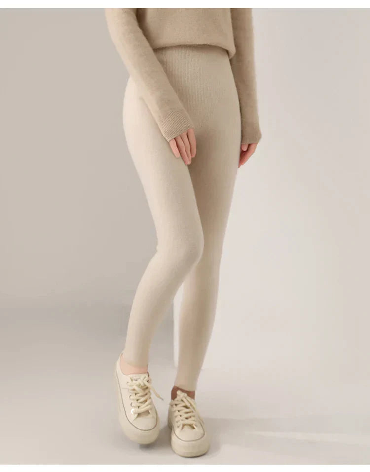 Slim fit women's cozy high waist cashmere leggings, ideal for loungewear & comfort.