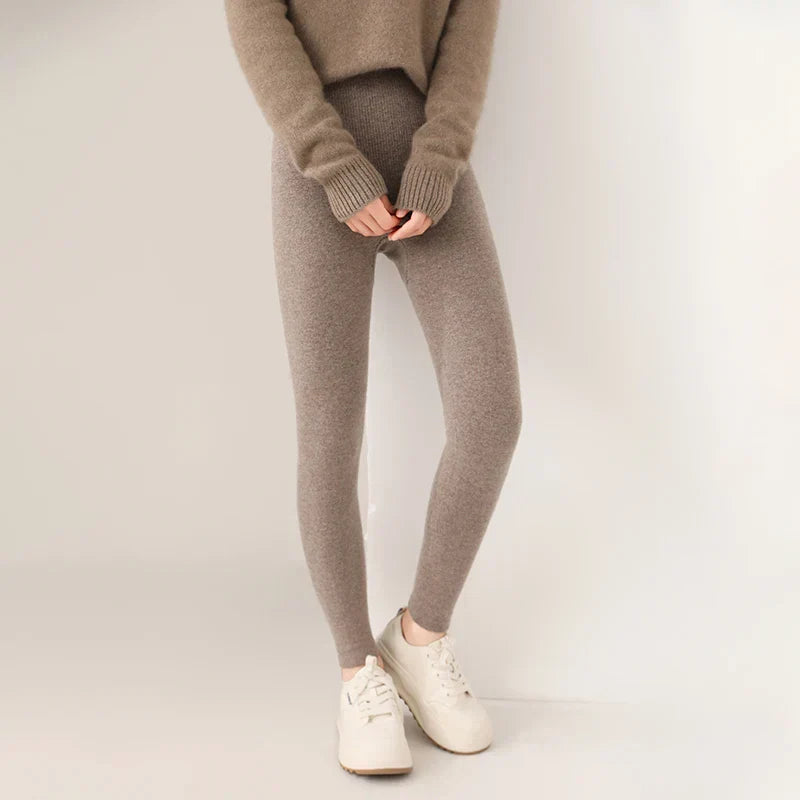 Women's elegant high waist cashmere leggings, soft & cozy for ultimate fall comfort.