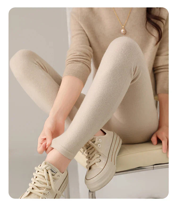 Versatile women's high waist cashmere leggings, warm fine knit for winter fashion.