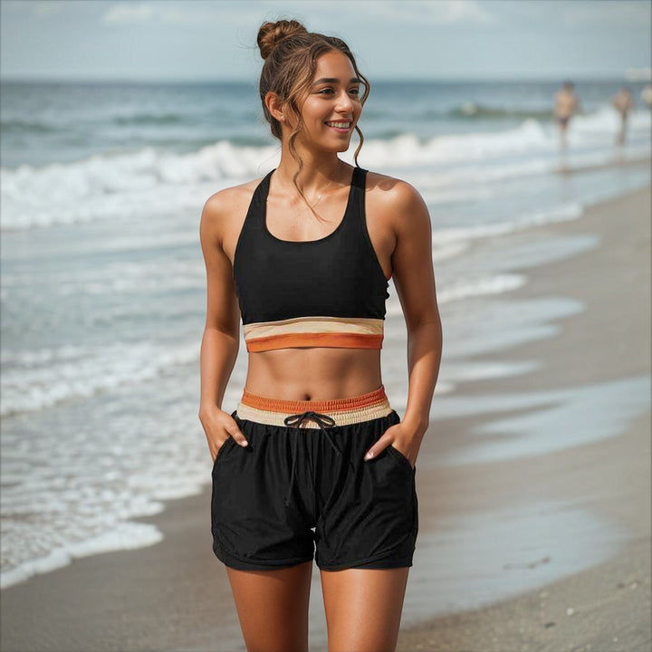 Women's high waist colorblock sporty bikini set for active swimming & beachwear. Modest and stylish summer swimwear.