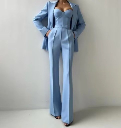 Chic women's blazer jacket, part of a three-piece high-waist flared set, ideal for elegant style.
