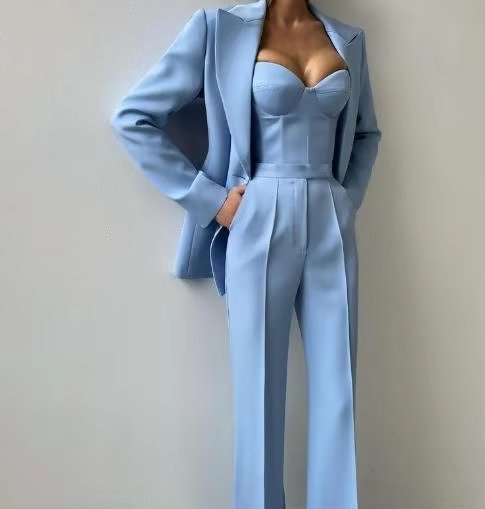 Elegant women's high-waist flared blazer set for evening outfits, featuring a chic and coordinated design.