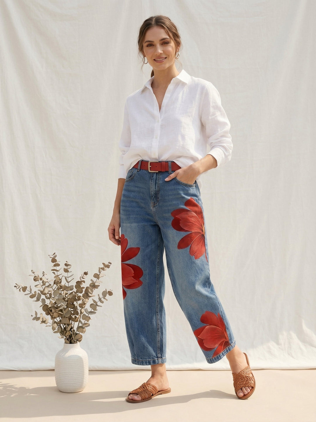 Relaxed fit women's high-waisted trousers with a vibrant floral pattern and straight leg design.