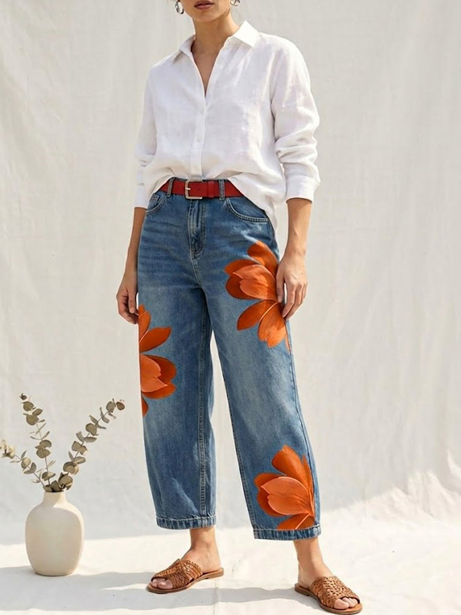 Casual women's straight leg trousers featuring a stylish high-waist and all-over floral print.
