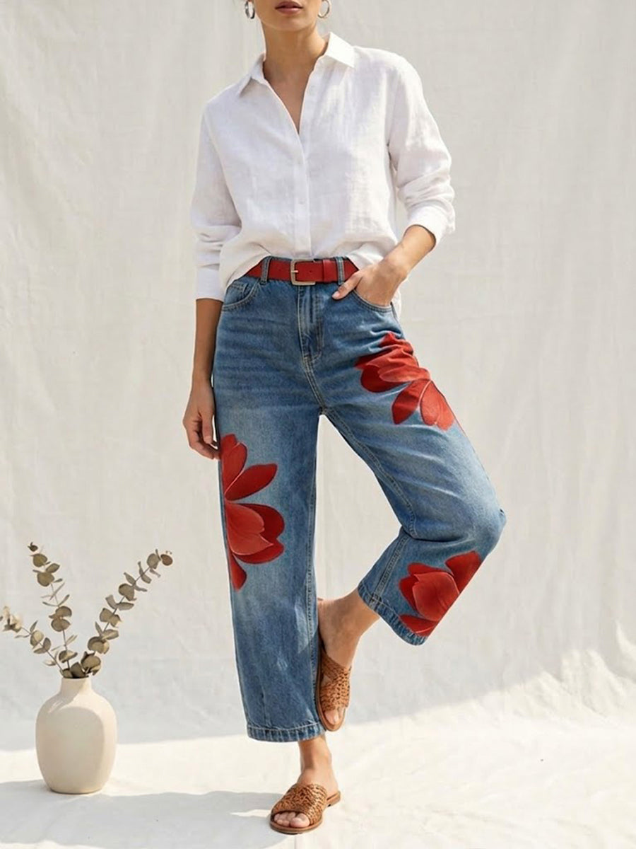 Elegant women's high-waisted floral print pants with a comfortable straight leg for summer fashion.
