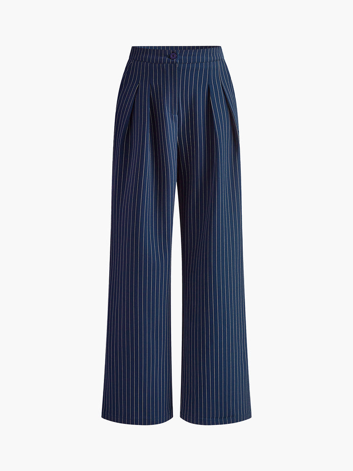 High waist pinstripe wide leg trousers for women, showcasing a comfortable, flattering, and elegant fit.