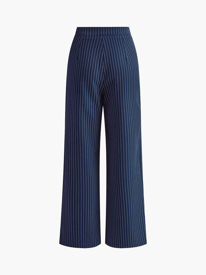 Navy high waist pinstripe wide leg trousers for women, offering a modern, comfortable, and elegant fashion statement.