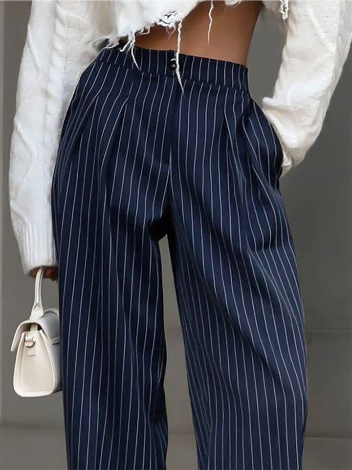 Comfortable women's high waist pinstripe wide leg trousers, combining modern chic with timeless elegance.
