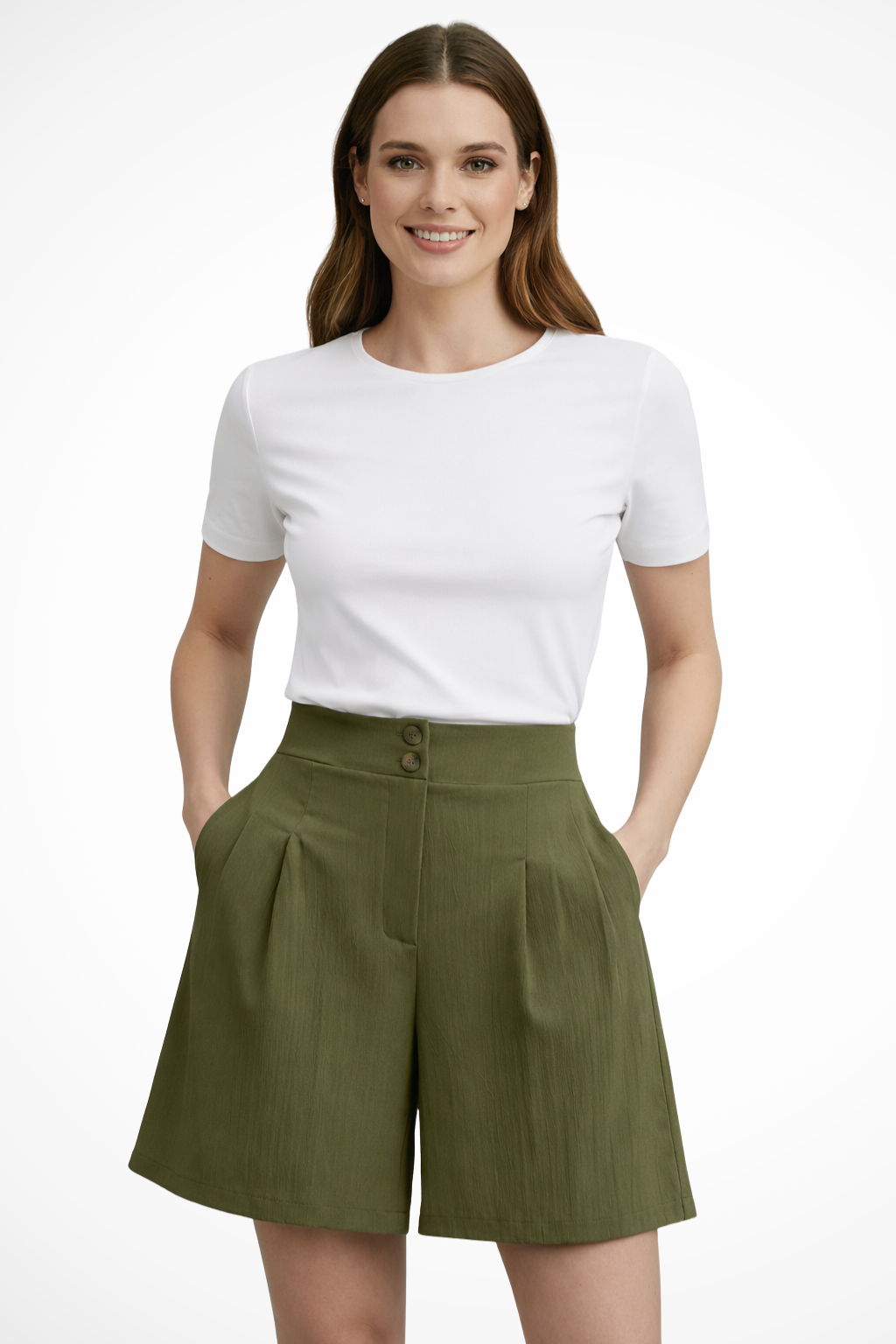 Full view of women's tailored Bermuda shorts, high-waisted and pleated for a sleek summer fashion statement.