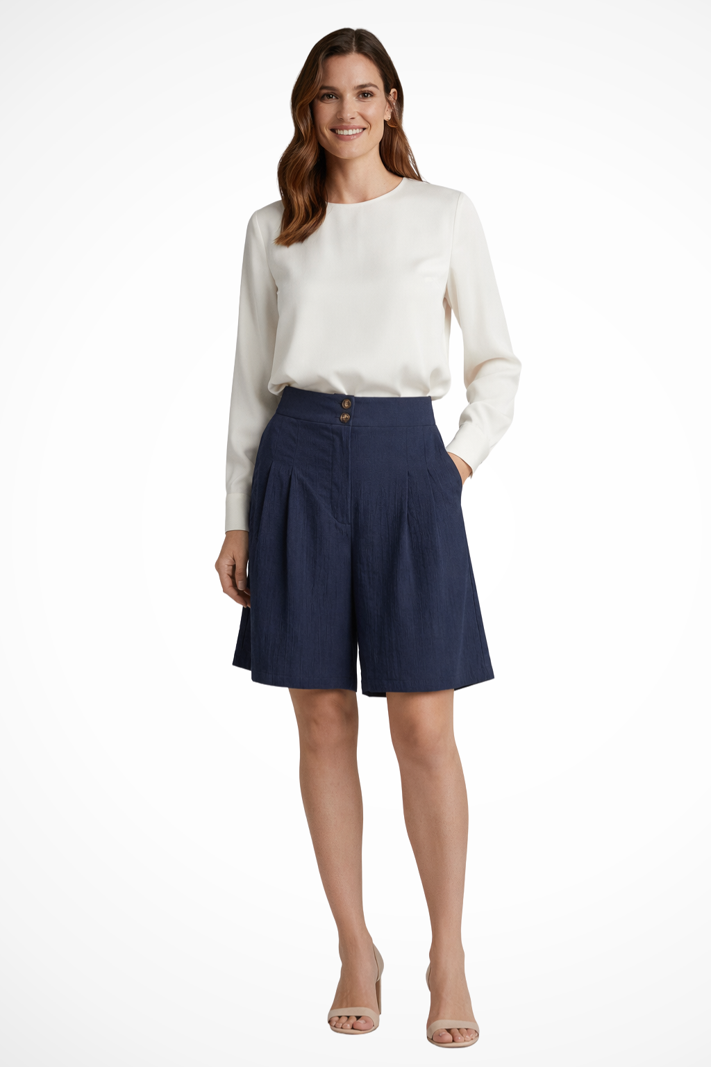 Casual chic women's high waist pleated Bermuda shorts, tailored for sophisticated summer styling.