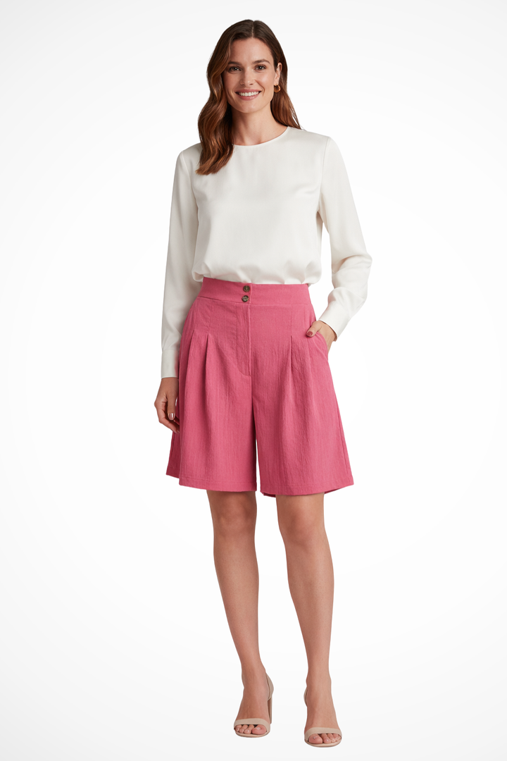 Detailed product view of women's high waist pleated tailored Bermuda shorts for summer wardrobes.