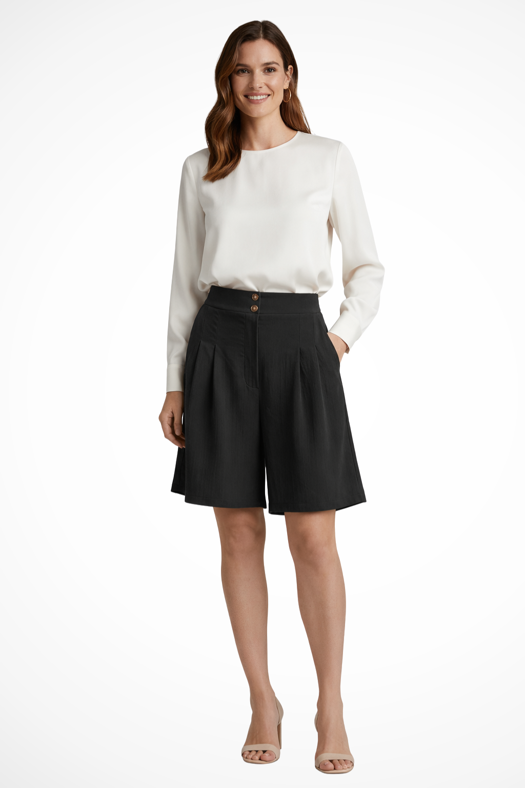 Versatile women's high waist pleated tailored Bermuda shorts, great for casual chic summer outfits.