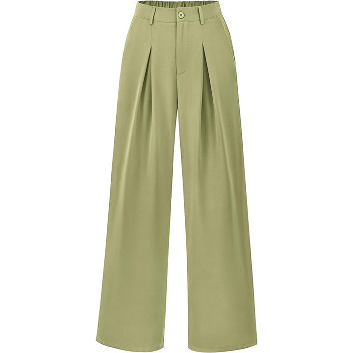 Close-up of high waist and pleats on women's wide leg trousers, showcasing elegant detail.