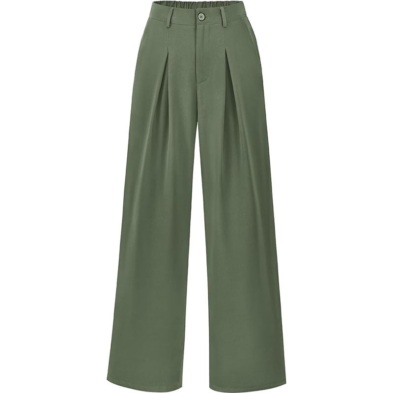 Front view of women's high waist wide leg trousers with graceful pleats. Modern fashion bottoms.