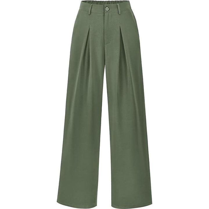 Front view of women's high waist wide leg trousers with graceful pleats. Modern fashion bottoms.