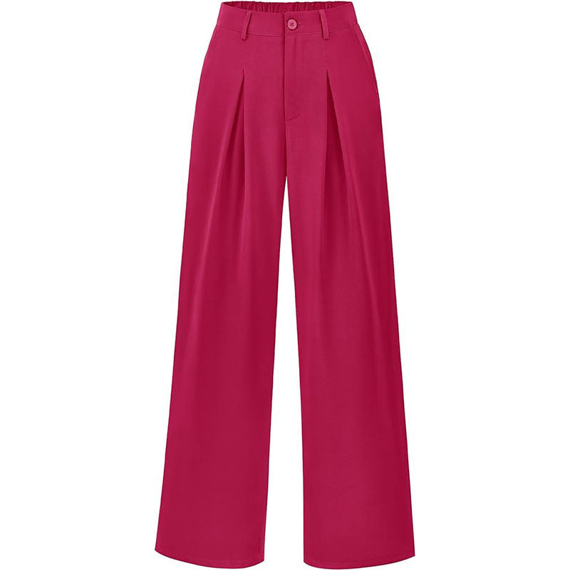 Side view of elegant high waist pleated wide leg trousers for women. Flattering and comfortable.