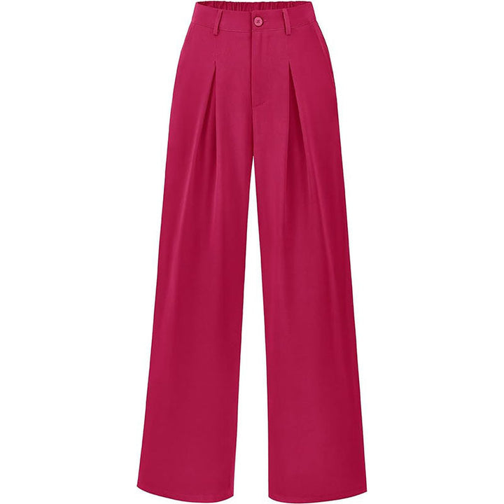 Side view of elegant high waist pleated wide leg trousers for women. Flattering and comfortable.