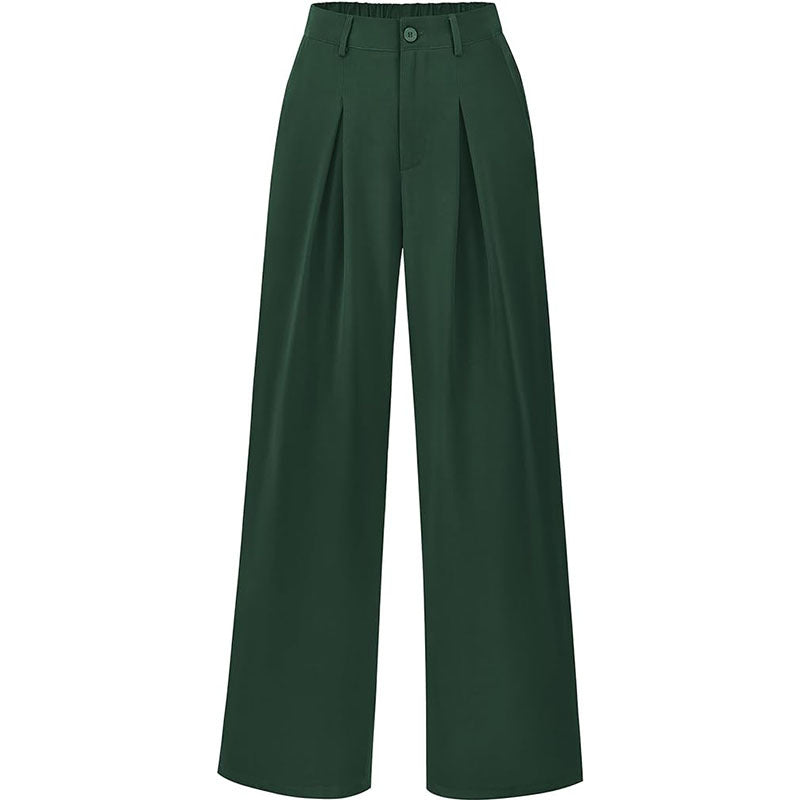 Back view of women's modern wide leg trousers, high waist and pleated for a sleek look.