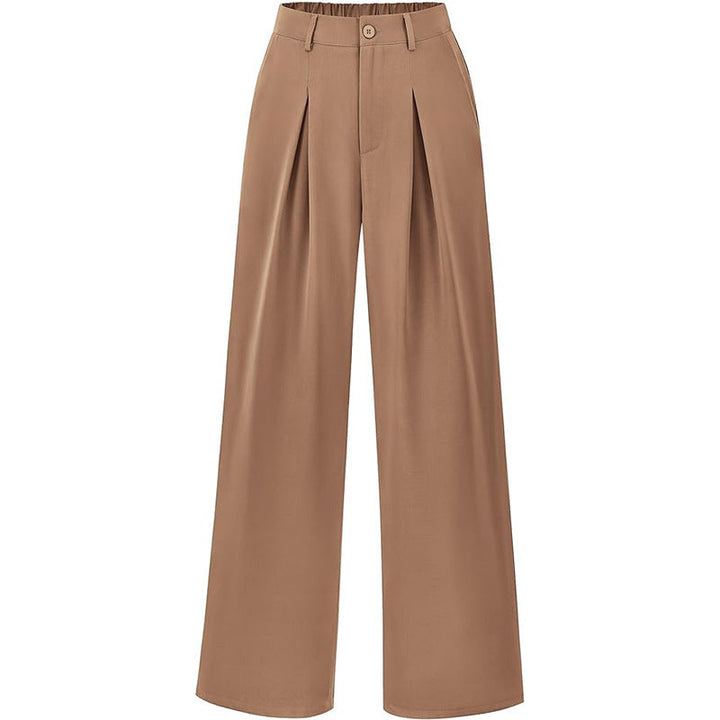 Fabric detail of women's high waist pleated wide leg trousers, highlighting quality and drape.