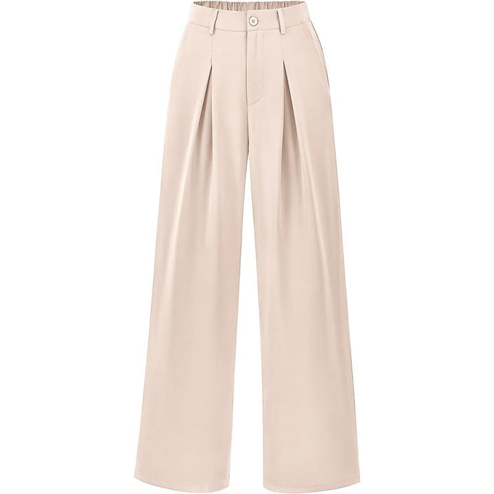 Flattering fit women's high waist wide leg trousers with refined pleats. Modern workwear bottoms.