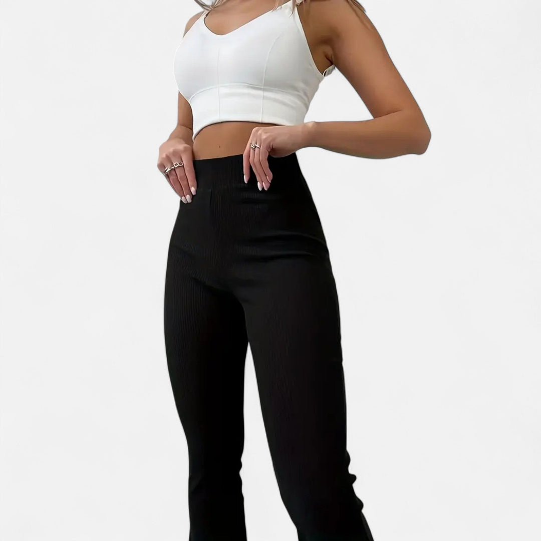 Chic women's high-waist ribbed slim fit leggings for versatile fashion & casual wear.