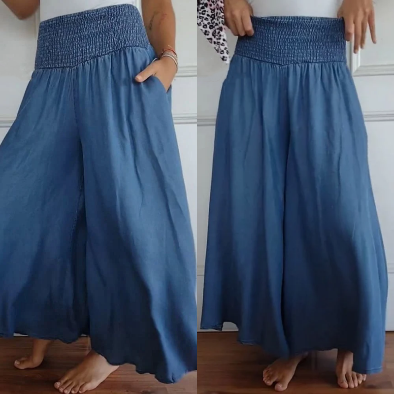 Women's high-waist smocked wide-leg denim trousers for comfortable casual wear.