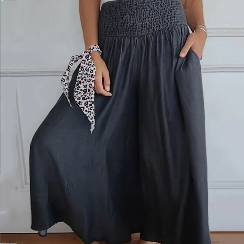 Smocked high-waist denim trousers, women's wide-leg design for a comfortable, flowing fit.