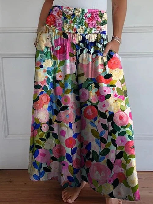 High-waist smocked women's wide-leg denim trousers, offering a relaxed & comfortable fit.