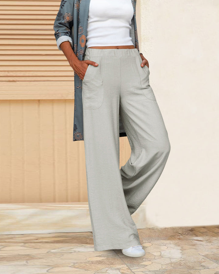 Fashionable women's apparel: chic high waist straight leg casual trousers.