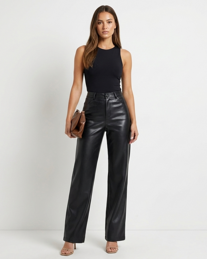 Women's high waist straight leg faux leather trousers in black, perfect for evening wear.