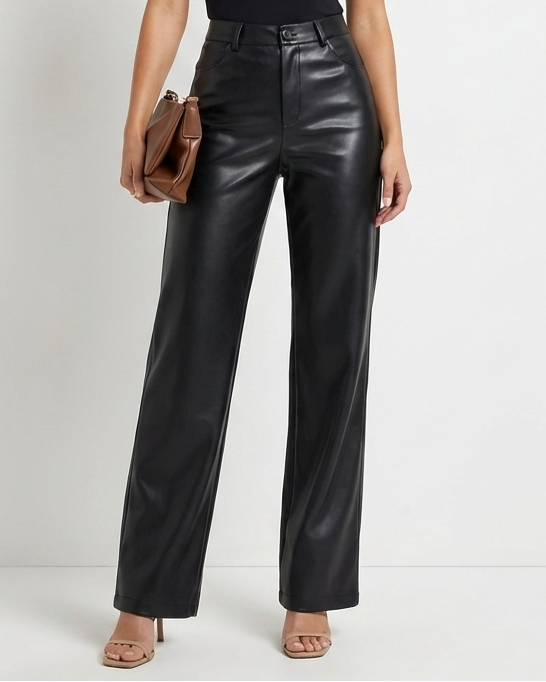Stylish faux leather pants with a high waist and straight leg fit for women.