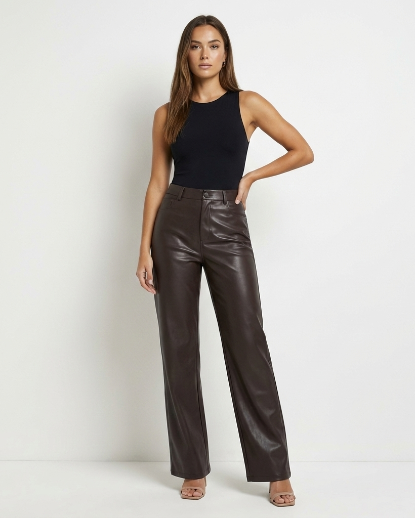 Versatile women's smart trousers in faux leather, suitable for work or casual outfits.