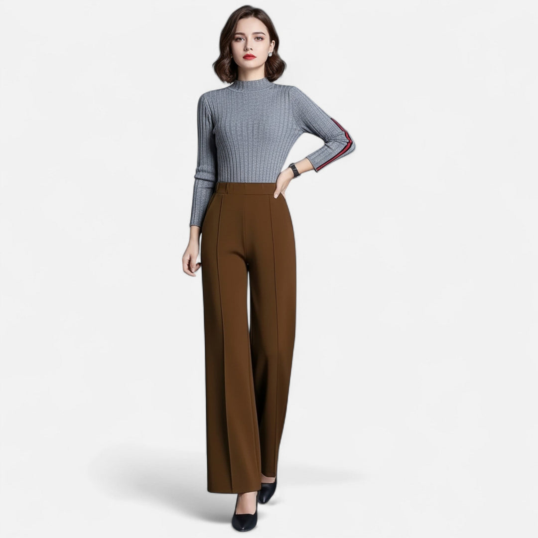 Close-up of the comfortable elastic waistband on women's high-waist straight-leg pants.