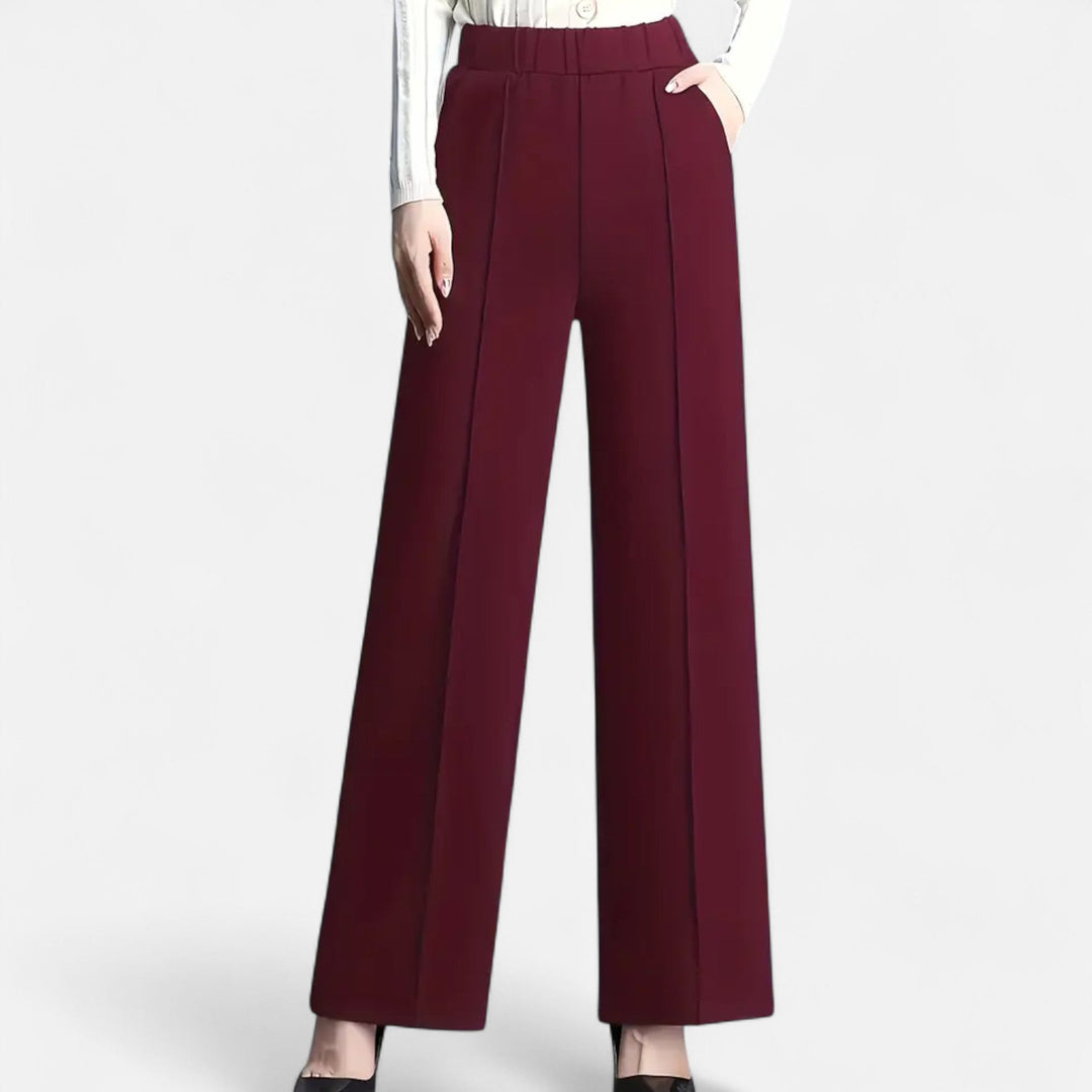 Detail shot showcasing the wrinkle-resistant fabric of these women's work trousers.