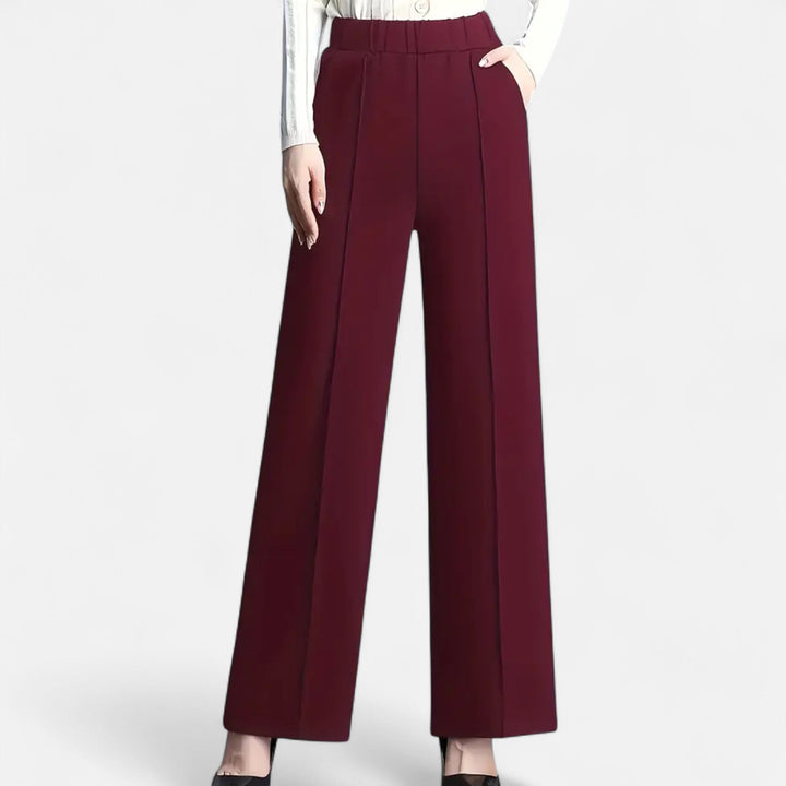 Detail shot showcasing the wrinkle-resistant fabric of these women's work trousers.