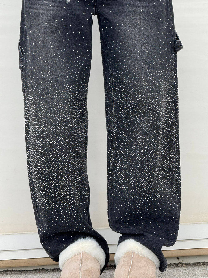 Fashion-forward women's high-waist straight leg vintage denim jeans, crystal embellished, a style statement.