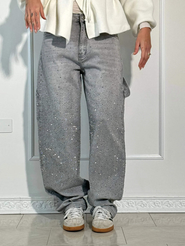 Textured vintage denim high-waist straight leg jeans for women, showcasing crystal details.