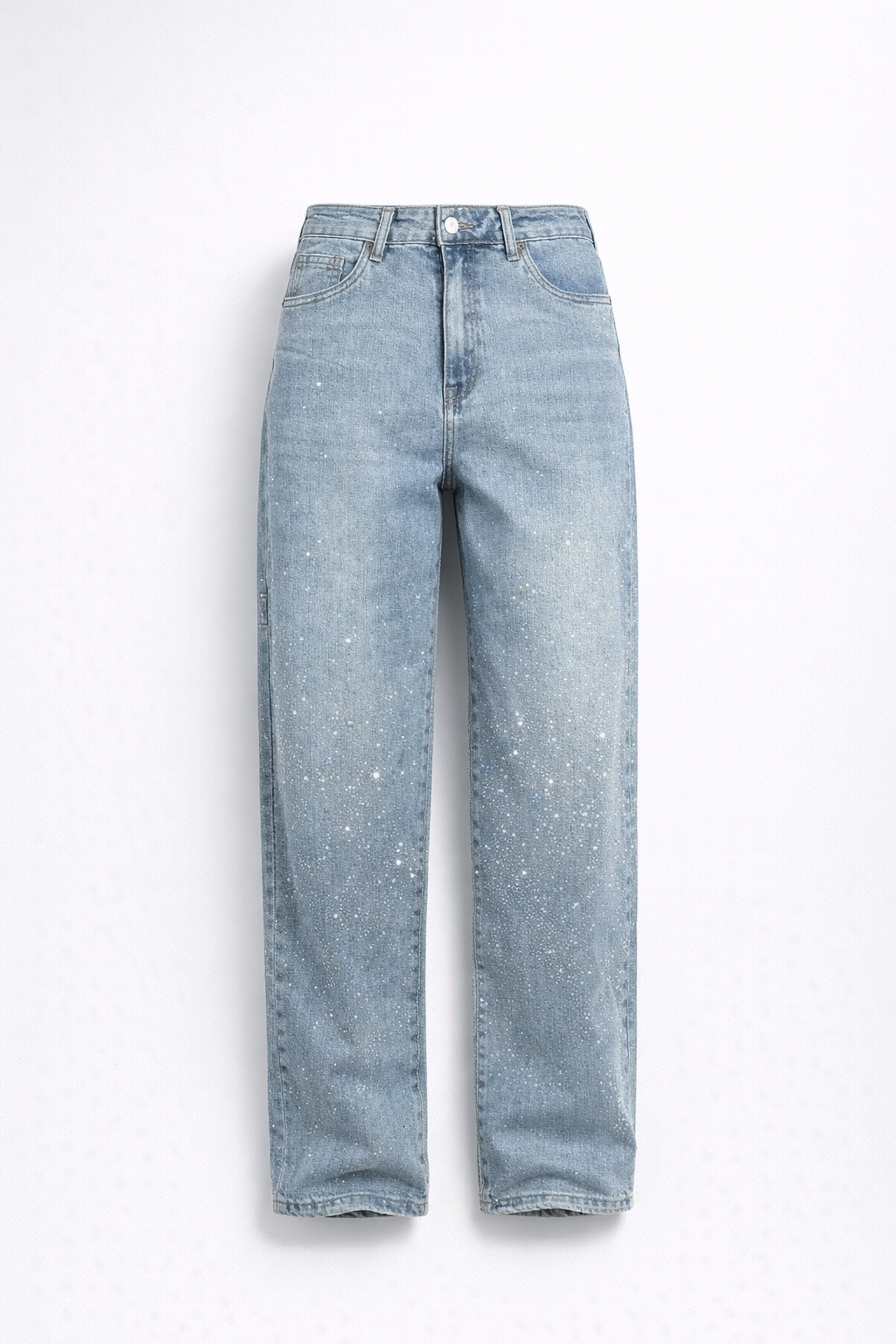 Casual yet elegant women's high-waist straight leg vintage denim jeans with crystal accents.