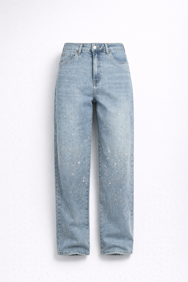Casual yet elegant women's high-waist straight leg vintage denim jeans with crystal accents.