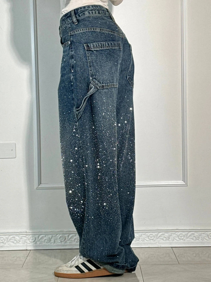 Premium vintage denim high-waist straight leg jeans for women, enhanced with shimmering crystal embellishments.
